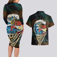 Aloha Hawaii Surfing Skull Couples Matching Long Sleeve Bodycon Dress and Hawaiian Shirt Shaka Skeleton Ride The Waves LT14 - Polynesian Pride