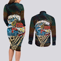 Aloha Hawaii Surfing Skull Couples Matching Long Sleeve Bodycon Dress and Long Sleeve Button Shirt Shaka Skeleton Ride The Waves LT14 - Polynesian Pride