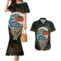 Aloha Hawaii Surfing Skull Couples Matching Mermaid Dress and Hawaiian Shirt Shaka Skeleton Ride The Waves LT14 Black - Polynesian Pride