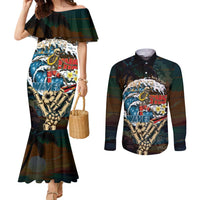 Aloha Hawaii Surfing Skull Couples Matching Mermaid Dress and Long Sleeve Button Shirt Shaka Skeleton Ride The Waves LT14 Black - Polynesian Pride