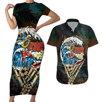 Aloha Hawaii Surfing Skull Couples Matching Short Sleeve Bodycon Dress and Hawaiian Shirt Shaka Skeleton Ride The Waves LT14 Black - Polynesian Pride