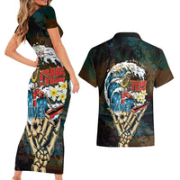 Aloha Hawaii Surfing Skull Couples Matching Short Sleeve Bodycon Dress and Hawaiian Shirt Shaka Skeleton Ride The Waves LT14 - Polynesian Pride