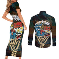 Aloha Hawaii Surfing Skull Couples Matching Short Sleeve Bodycon Dress and Long Sleeve Button Shirt Shaka Skeleton Ride The Waves LT14 - Polynesian Pride