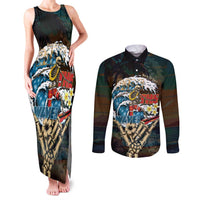 Aloha Hawaii Surfing Skull Couples Matching Tank Maxi Dress and Long Sleeve Button Shirt Shaka Skeleton Ride The Waves LT14 Black - Polynesian Pride