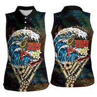 Aloha Hawaii Surfing Skull Women Sleeveless Polo Shirt Shaka Skeleton Ride The Waves - Polynesian Pride