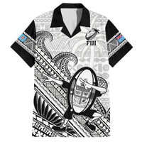 Custom Fiji Tapa Rugby Family Matching Off Shoulder Long Sleeve Dress and Hawaiian Shirt Flying Fijian 2023 World Cup With Dabbing Ball LT14 Dad's Shirt - Short Sleeve White - Polynesian Pride