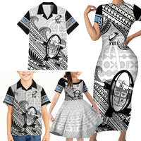 Custom Fiji Tapa Rugby Family Matching Short Sleeve Bodycon Dress and Hawaiian Shirt Flying Fijian 2023 World Cup With Dabbing Ball LT14 - Polynesian Pride