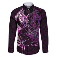Personalised New Zealand Breast Cancer Family Matching Short Sleeve Bodycon Dress and Hawaiian Shirt Fight Like A Girl Pink Manaia Fern With Paua Shell LT14 Dad's Shirt - Long Sleeve Pink - Polynesian Pride
