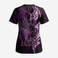 Personalised New Zealand Breast Cancer Scrub Top Fight Like A Girl Pink Manaia Fern With Paua Shell LT14 - Polynesian Pride