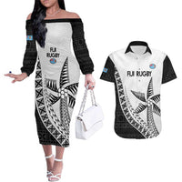 Custom Fiji Rugby Couples Matching Off The Shoulder Long Sleeve Dress and Hawaiian Shirt Go Champions Fijian Tapa Cloth LT14 White - Polynesian Pride