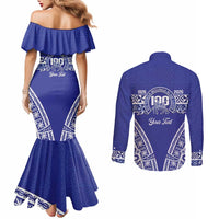 Personalised Queen Salote College Couples Matching Mermaid Dress and Long Sleeve Button Shirt Kolisi Fefine 100th Anniversary Kupesi Blue LT14 - Polynesian Pride