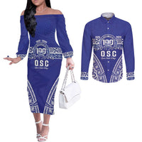 Personalised Queen Salote College Couples Matching Off The Shoulder Long Sleeve Dress and Long Sleeve Button Shirt Kolisi Fefine 100th Anniversary Kupesi Blue LT14 Blue - Polynesian Pride