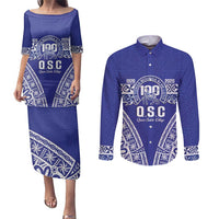 Personalised Queen Salote College Couples Matching Puletasi and Long Sleeve Button Shirt Kolisi Fefine 100th Anniversary Kupesi Blue LT14 Blue - Polynesian Pride