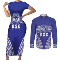 Personalised Queen Salote College Couples Matching Short Sleeve Bodycon Dress and Long Sleeve Button Shirt Kolisi Fefine 100th Anniversary Kupesi Blue LT14 Blue - Polynesian Pride