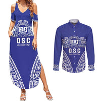 Personalised Queen Salote College Couples Matching Summer Maxi Dress and Long Sleeve Button Shirt Kolisi Fefine 100th Anniversary Kupesi Blue LT14 Blue - Polynesian Pride