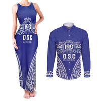 Personalised Queen Salote College Couples Matching Tank Maxi Dress and Long Sleeve Button Shirt Kolisi Fefine 100th Anniversary Kupesi Blue LT14 Blue - Polynesian Pride