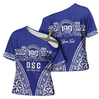 Personalised Queen Salote College Cross Shoulder Shirt Kolisi Fefine 100th Anniversary Kupesi Blue LT14 - Polynesian Pride