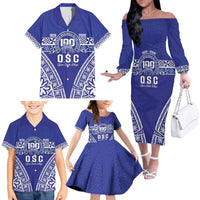 Personalised Queen Salote College Family Matching Off The Shoulder Long Sleeve Dress and Hawaiian Shirt Kolisi Fefine 100th Anniversary Kupesi Blue LT14 - Polynesian Pride