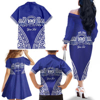 Personalised Queen Salote College Family Matching Off The Shoulder Long Sleeve Dress and Hawaiian Shirt Kolisi Fefine 100th Anniversary Kupesi Blue LT14 - Polynesian Pride