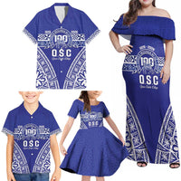 Personalised Queen Salote College Family Matching Off Shoulder Maxi Dress and Hawaiian Shirt Kolisi Fefine 100th Anniversary Kupesi Blue LT14 - Polynesian Pride