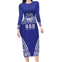Personalised Queen Salote College Long Sleeve Bodycon Dress Kolisi Fefine 100th Anniversary Kupesi Blue LT14 Long Dress Blue - Polynesian Pride