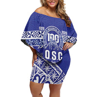 Personalised Queen Salote College Off Shoulder Short Dress Kolisi Fefine 100th Anniversary Kupesi Blue LT14 Women Blue - Polynesian Pride
