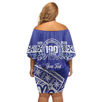 Personalised Queen Salote College Off Shoulder Short Dress Kolisi Fefine 100th Anniversary Kupesi Blue LT14 - Polynesian Pride