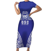 Personalised Queen Salote College Short Sleeve Bodycon Dress Kolisi Fefine 100th Anniversary Kupesi Blue LT14 Long Dress Blue - Polynesian Pride