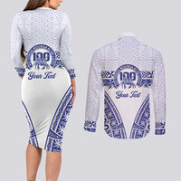 Personalised Queen Salote College Couples Matching Long Sleeve Bodycon Dress and Long Sleeve Button Shirt Kolisi Fefine 100th Anniversary Kupesi White LT14 - Polynesian Pride