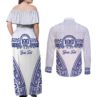 Personalised Queen Salote College Couples Matching Off Shoulder Maxi Dress and Long Sleeve Button Shirt Kolisi Fefine 100th Anniversary Kupesi White LT14 - Polynesian Pride