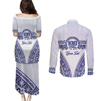Personalised Queen Salote College Couples Matching Puletasi and Long Sleeve Button Shirt Kolisi Fefine 100th Anniversary Kupesi White LT14 - Polynesian Pride