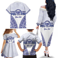 Personalised Queen Salote College Family Matching Off The Shoulder Long Sleeve Dress and Hawaiian Shirt Kolisi Fefine 100th Anniversary Kupesi White LT14 - Polynesian Pride