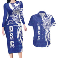 Personalised Queen Salote College Couples Matching Long Sleeve Bodycon Dress and Hawaiian Shirt QSC Est 1926 Ngatu Pattern LT14 Blue - Polynesian Pride
