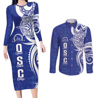 Personalised Queen Salote College Couples Matching Long Sleeve Bodycon Dress and Long Sleeve Button Shirt QSC Est 1926 Ngatu Pattern LT14 Blue - Polynesian Pride