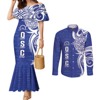 Personalised Queen Salote College Couples Matching Mermaid Dress and Long Sleeve Button Shirt QSC Est 1926 Ngatu Pattern LT14 Blue - Polynesian Pride