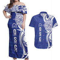 Personalised Queen Salote College Couples Matching Off Shoulder Maxi Dress and Hawaiian Shirt QSC Est 1926 Ngatu Pattern LT14 Blue - Polynesian Pride