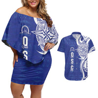 Personalised Queen Salote College Couples Matching Off Shoulder Short Dress and Hawaiian Shirt QSC Est 1926 Ngatu Pattern LT14 Blue - Polynesian Pride