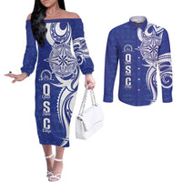 Personalised Queen Salote College Couples Matching Off The Shoulder Long Sleeve Dress and Long Sleeve Button Shirt QSC Est 1926 Ngatu Pattern LT14 Blue - Polynesian Pride