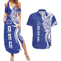Personalised Queen Salote College Couples Matching Summer Maxi Dress and Hawaiian Shirt QSC Est 1926 Ngatu Pattern LT14 Blue - Polynesian Pride