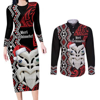 Personalised New Zealand Christmas Couples Matching Long Sleeve Bodycon Dress and Long Sleeve Button Shirt Meri Kirihimete Maori Wheku - Taniko Art LT14 Black - Polynesian Pride