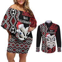Personalised New Zealand Christmas Couples Matching Off Shoulder Short Dress and Long Sleeve Button Shirt Meri Kirihimete Maori Wheku - Taniko Art LT14 Black - Polynesian Pride