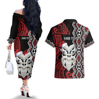 Personalised New Zealand Christmas Couples Matching Off The Shoulder Long Sleeve Dress and Hawaiian Shirt Meri Kirihimete Maori Wheku - Taniko Art LT14 - Polynesian Pride