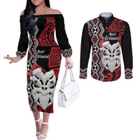 Personalised New Zealand Christmas Couples Matching Off The Shoulder Long Sleeve Dress and Long Sleeve Button Shirt Meri Kirihimete Maori Wheku - Taniko Art LT14 Black - Polynesian Pride