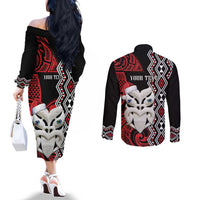 Personalised New Zealand Christmas Couples Matching Off The Shoulder Long Sleeve Dress and Long Sleeve Button Shirt Meri Kirihimete Maori Wheku - Taniko Art LT14 - Polynesian Pride