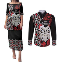 Personalised New Zealand Christmas Couples Matching Puletasi and Long Sleeve Button Shirt Meri Kirihimete Maori Wheku - Taniko Art LT14 Black - Polynesian Pride