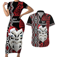 Personalised New Zealand Christmas Couples Matching Short Sleeve Bodycon Dress and Hawaiian Shirt Meri Kirihimete Maori Wheku - Taniko Art LT14 Black - Polynesian Pride