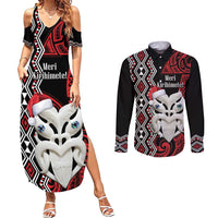 Personalised New Zealand Christmas Couples Matching Summer Maxi Dress and Long Sleeve Button Shirt Meri Kirihimete Maori Wheku - Taniko Art LT14 Black - Polynesian Pride