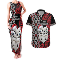 Personalised New Zealand Christmas Couples Matching Tank Maxi Dress and Hawaiian Shirt Meri Kirihimete Maori Wheku - Taniko Art LT14 Black - Polynesian Pride