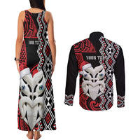 Personalised New Zealand Christmas Couples Matching Tank Maxi Dress and Long Sleeve Button Shirt Meri Kirihimete Maori Wheku - Taniko Art LT14 - Polynesian Pride