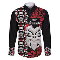 Personalised New Zealand Christmas Family Matching Long Sleeve Bodycon Dress and Hawaiian Shirt Meri Kirihimete Maori Wheku - Taniko Art LT14 Dad's Shirt - Long Sleeve Black - Polynesian Pride